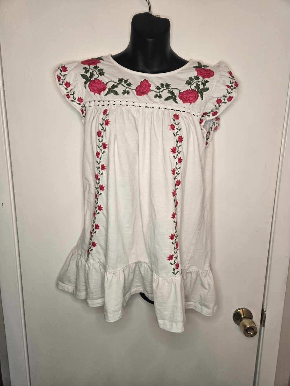 White Embroidered Floral Peasant Top with Red Roses - Small